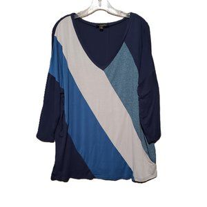 Suzanne Betro 1X Blue Gray Striped Tunic Top Comfy Boho Coastal Lagenlook Mod